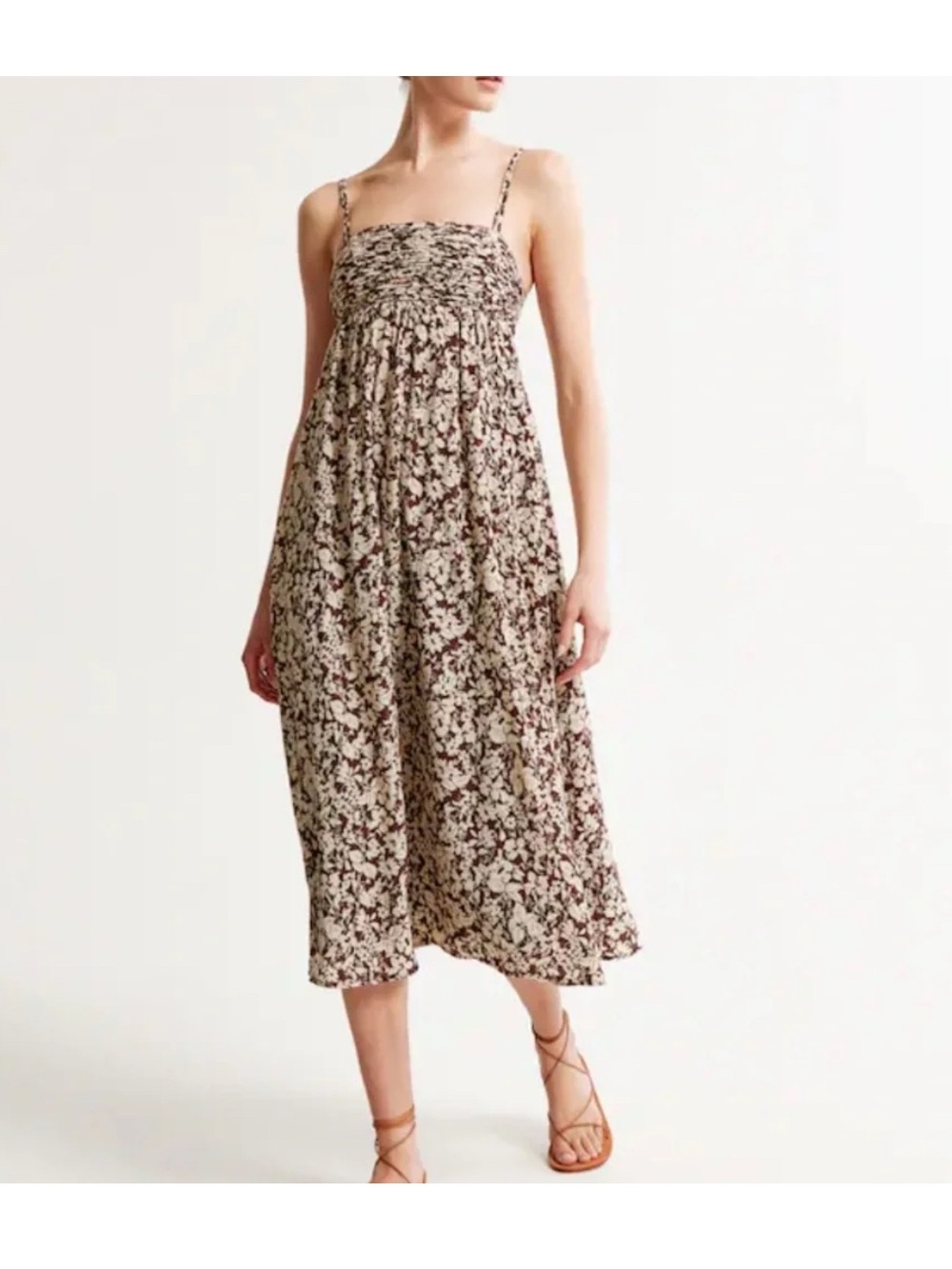 Abercrombie & Fitch Beige and Brown Floral Smocked Midi Dress